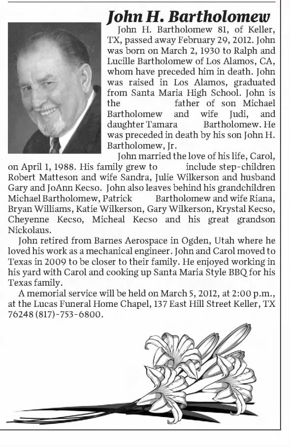 Obituary for John H. Bartholomew, 1930-2012 (Aged 81)
